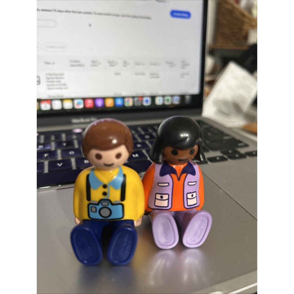 2 Vtg Playmobil figures Geobra People male tourist w/ female figure orange vest